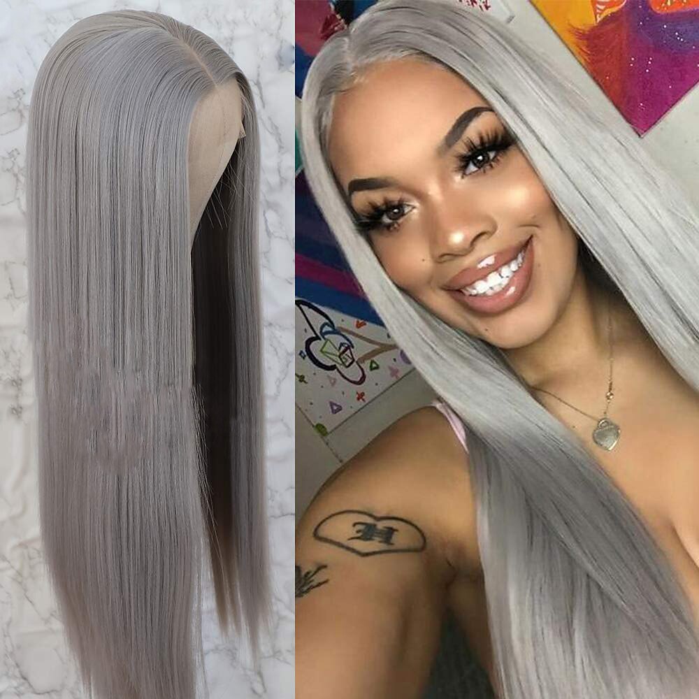 Synthetic Lace Wig Natural Straight Style 12 26 inch Dark Gray