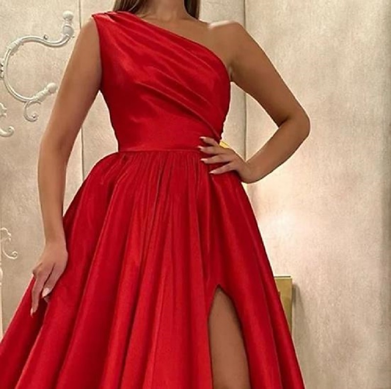 A-Line Evening Gown Elegant Dress Wedding Guest Engagement Floor Length Sleeveless  One Shoulder Satin with Pleats Slit 2024 2024 - $130.99