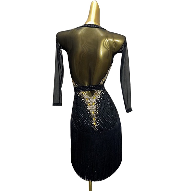 Latinamerikansk dans Latin-salsadans Klänning Strass Skärp / Band Dam Flickor Prestanda Träning Långärmad Hög Maska Elastan 2025 - $335.29 –P3
