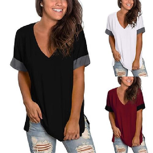 primavera estate delle donne bottoming camicia tinta unita scollo a v a maniche corte cuciture pullover t-shirt donna del 2025 a $24.99 -P7