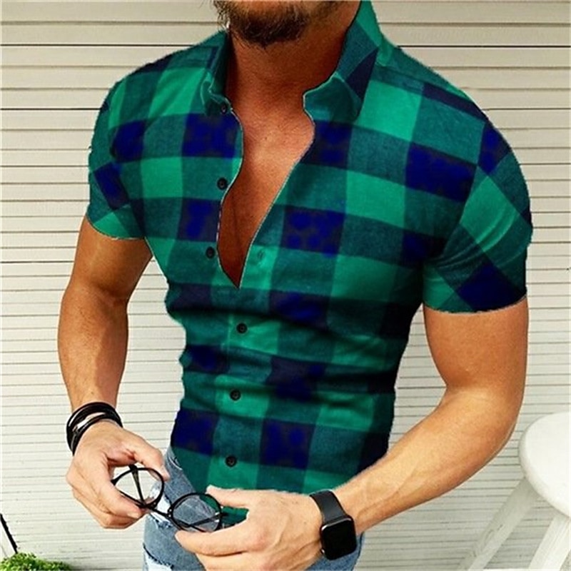 Herren Hemd Popover-Shirt Sommerhemd Knopfhemd Kariertes Hemd trachtenhemd Wein Schwarz Gelb Rote Grün Kurzarm Graphic Plaid / Karomuster Gitter Umlegekragen Heißprägen Strasse Casual Bedruckt 2025 - $17.49 –P3