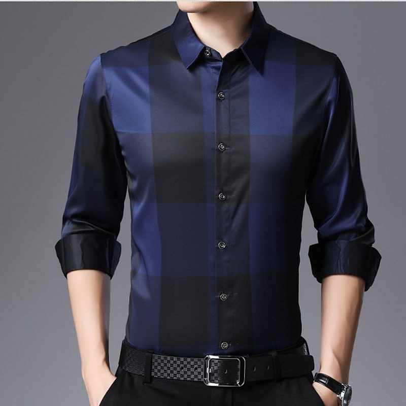 Hombre Camisa para Vestido Camisa sin planchar Camisa de cuello Abotonar la camisa Tartán Boda Exterior Rojo Azul Piscina Gris Manga Larga Cuello Vuelto Verano Primavera Ropa Abotonar 2026 - $27.99 –P7