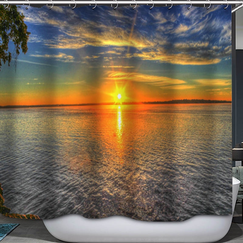 Shower Curtain with Hooks 180cm*180cm(70"*70") Polyester Washable Waterproof Sunrise Sunset Sea Seaside Coconut Tree Pattern 2025 - $27.99 –P9