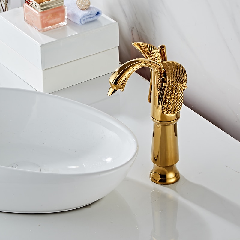 retro badkamer wastafel mengkraan messing swan shap, monobloc wasruimte wastafelkranen enkele handgreep een gat badrandcombinaties, mono watervat kraan warme en koude slang antiek 2025 - $145.99 –P14
