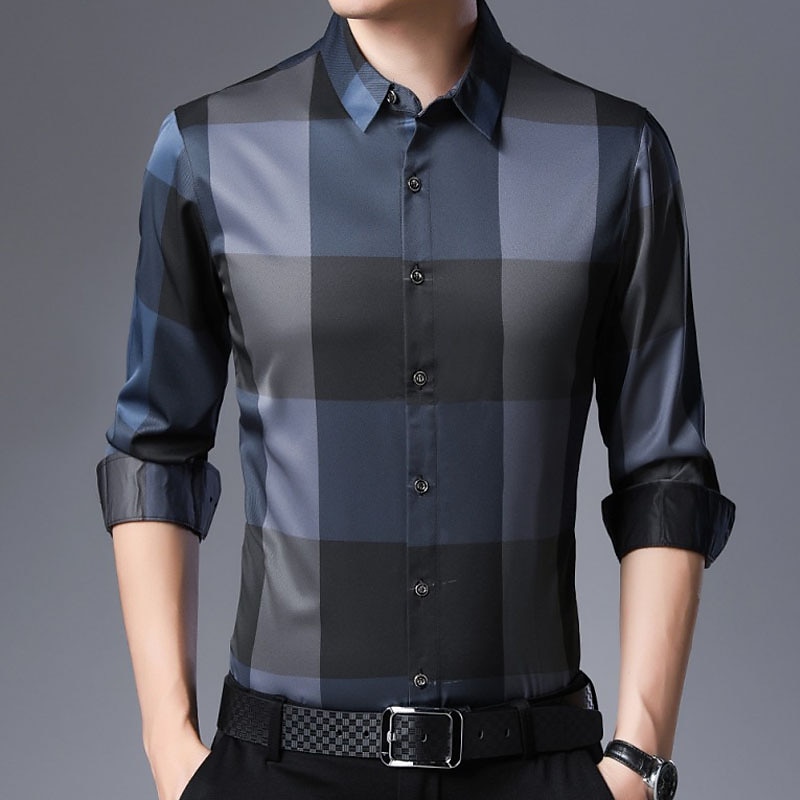 Hombre Camisa para Vestido Camisa sin planchar Camisa de cuello Abotonar la camisa Tartán Boda Exterior Rojo Azul Piscina Gris Manga Larga Cuello Vuelto Verano Primavera Ropa Abotonar 2026 - $27.99 –P1