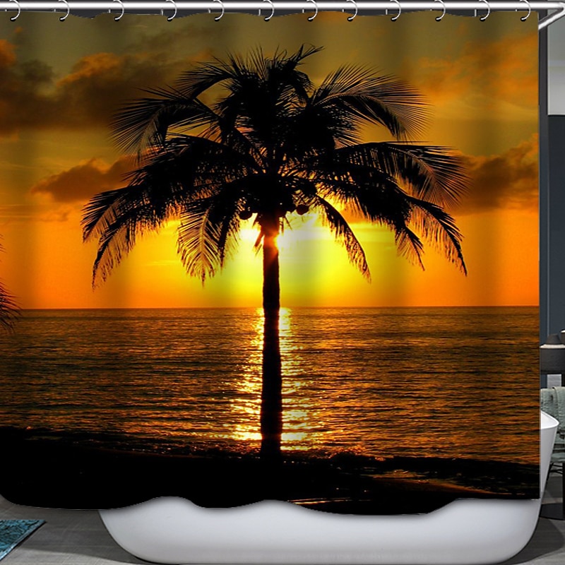 Shower Curtain with Hooks 180cm*180cm(70"*70") Polyester Washable Waterproof Sunrise Sunset Sea Seaside Coconut Tree Pattern 2025 - $27.99 –P7