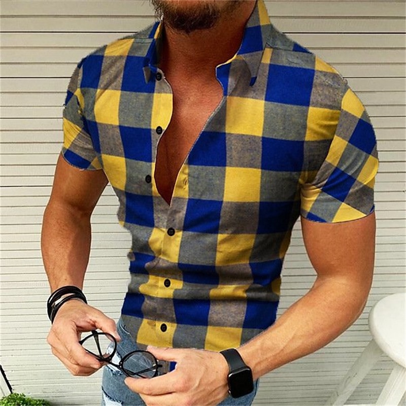 Herren Hemd Popover-Shirt Sommerhemd Knopfhemd Kariertes Hemd trachtenhemd Wein Schwarz Gelb Rote Grün Kurzarm Graphic Plaid / Karomuster Gitter Umlegekragen Heißprägen Strasse Casual Bedruckt 2025 - $17.49 –P4