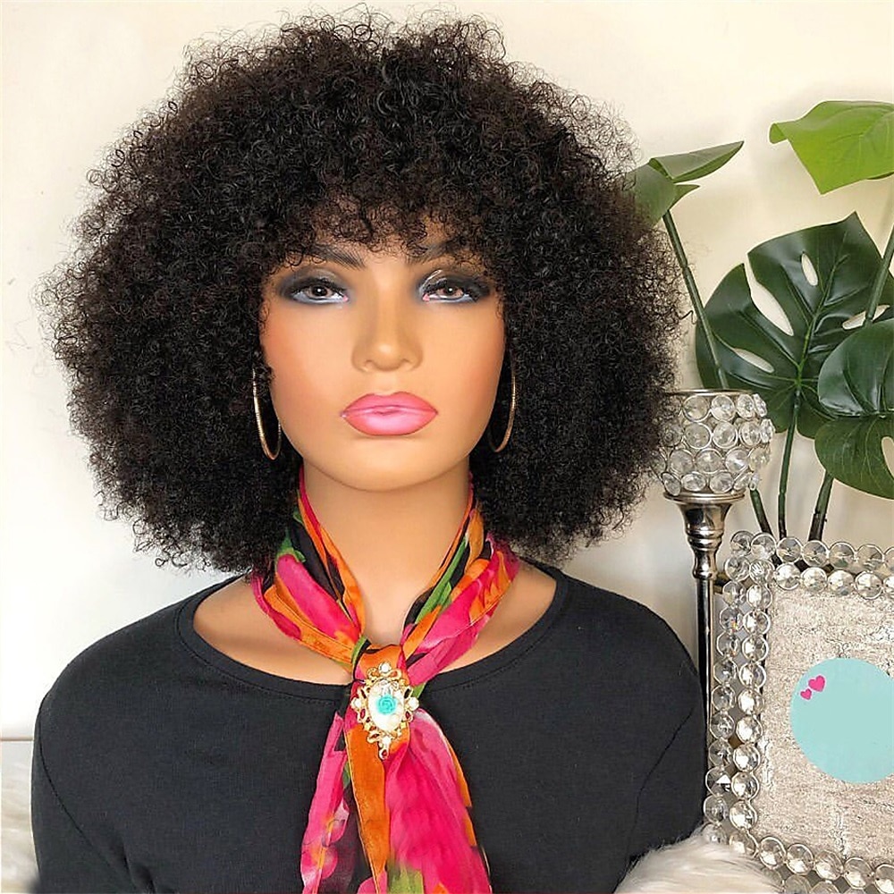 Remy Human Hair Wig Kinky Curly With Bangs Natural Black Capless