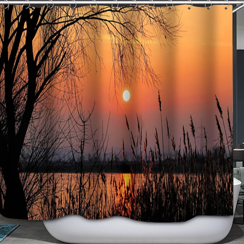 Shower Curtain with Hooks 180cm*180cm(70"*70") Polyester Washable Waterproof Sunrise Sunset Sea Seaside Coconut Tree Pattern 2025 - $27.99 –P12