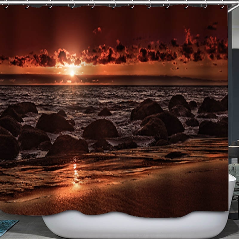Shower Curtain with Hooks 180cm*180cm(70"*70") Polyester Washable Waterproof Sunrise Sunset Sea Seaside Coconut Tree Pattern 2025 - $27.99 –P15
