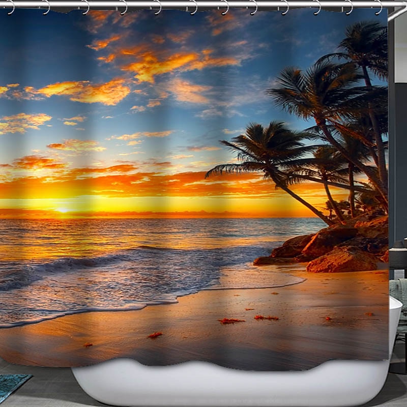 Shower Curtain with Hooks 180cm*180cm(70"*70") Polyester Washable Waterproof Sunrise Sunset Sea Seaside Coconut Tree Pattern 2025 - $27.99 –P13