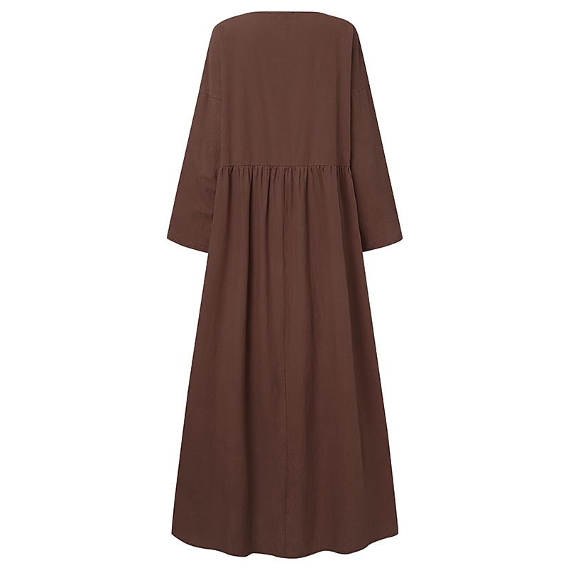 Robe en coton et lin Robe casual Femme Robe longue maxi Lin Bohème Décontractées robe hiver du quotidien Vacances Col Ras du Cou Patchwork manche longue Eté Printemps Automne lin Ample Noir Blanche de 2025 ? $32.99 –P5