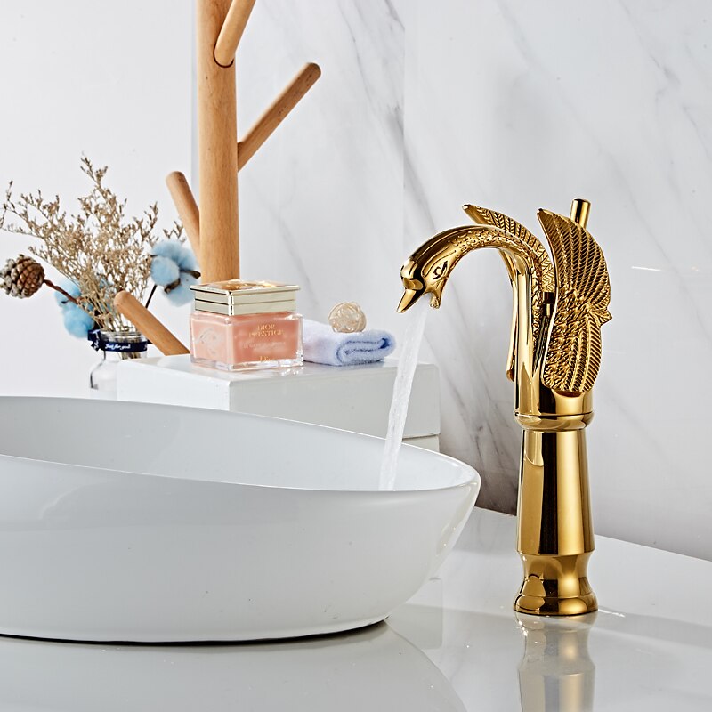 retro badkamer wastafel mengkraan messing swan shap, monobloc wasruimte wastafelkranen enkele handgreep een gat badrandcombinaties, mono watervat kraan warme en koude slang antiek 2025 - $145.99 –P15
