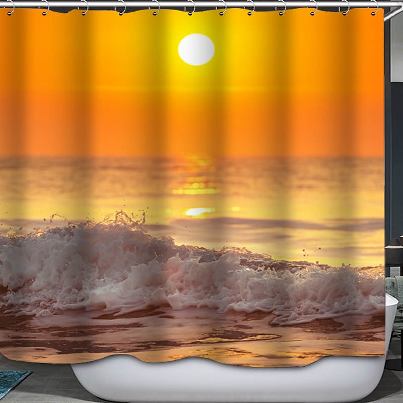Shower Curtain with Hooks 180cm*180cm(70"*70") Polyester Washable Waterproof Sunrise Sunset Sea Seaside Coconut Tree Pattern 2025 - $27.99 –P14