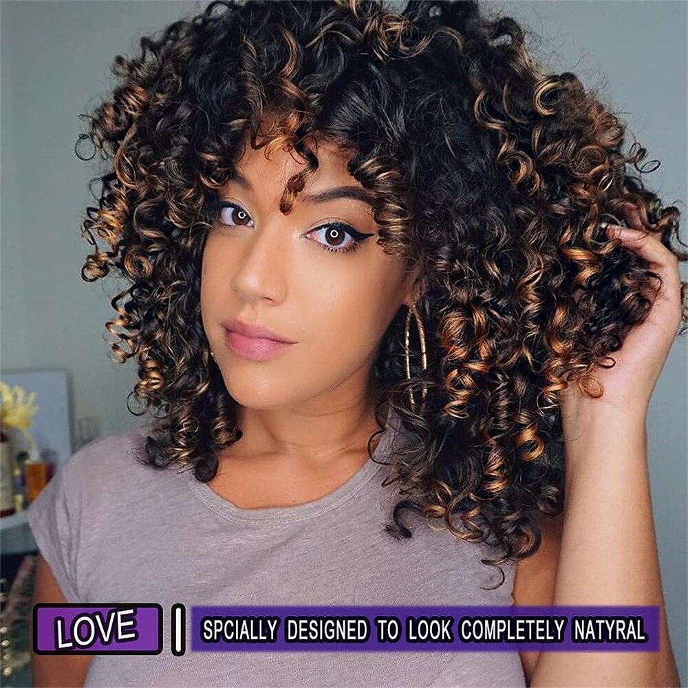 gekrulde pruiken voor zwarte vrouwen - kinky afro krullende pruik met pony 2 toon blond gemengd bruin kleur synthetisch hittebestendig volledige pruiken kerstfeestpruiken 2025 - $21.99 –P11