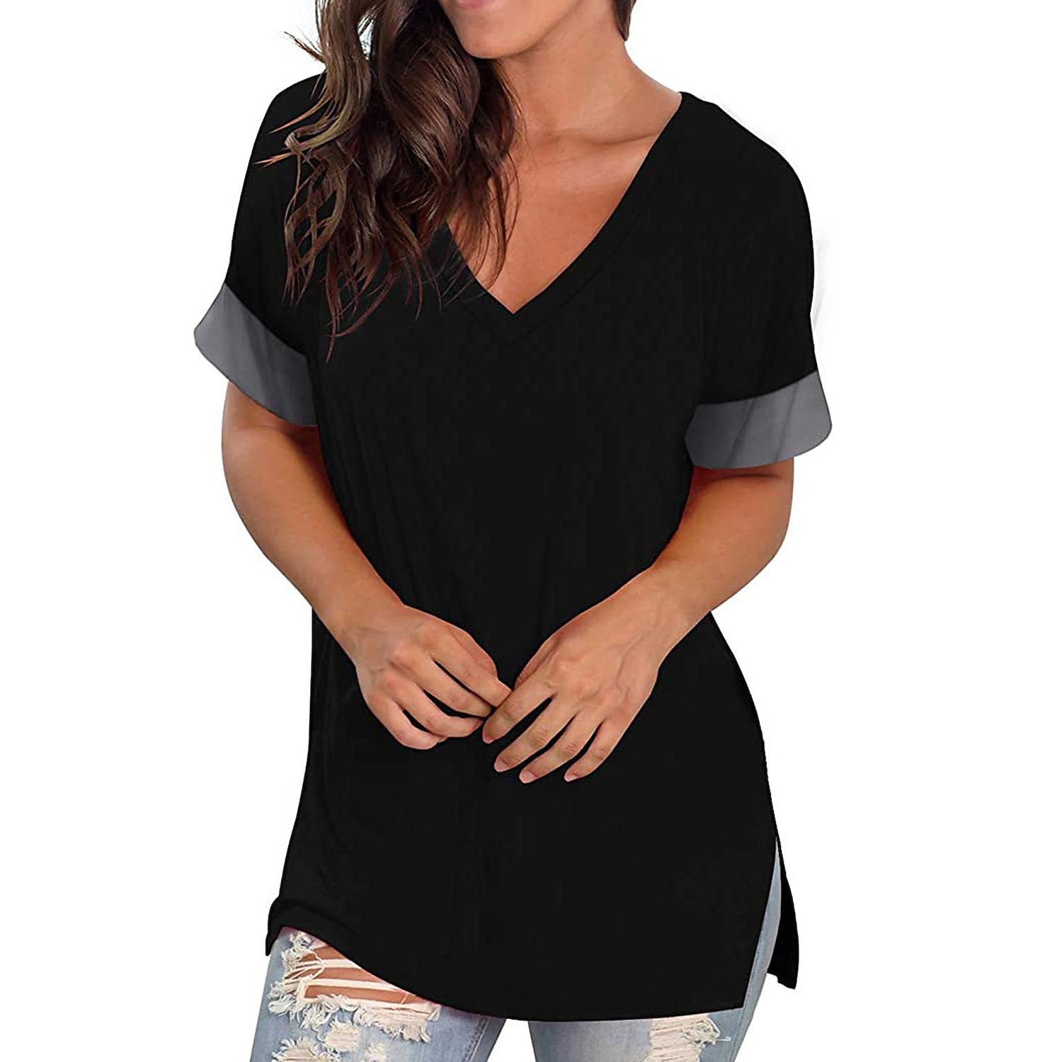 primavera estate delle donne bottoming camicia tinta unita scollo a v a maniche corte cuciture pullover t-shirt donna del 2025 a $24.99 -P5