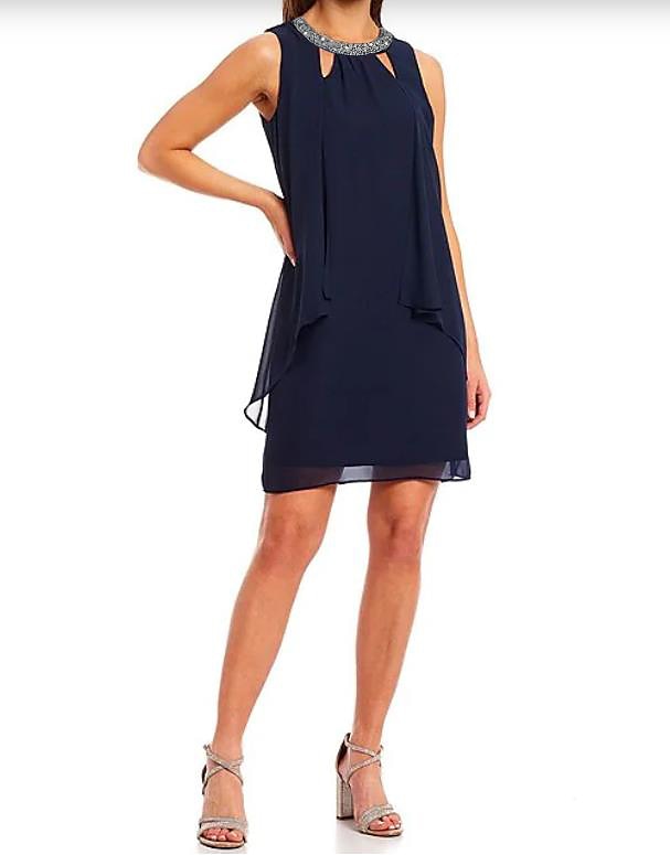 Rochii cocktail tip sheath rochie cu tăieturi petrecere cocktail lungime la genunchi fără mâneci guler cu pietre toamnă rochie pentru oaspeți la nuntă chiffon cu mărgele 2025 - $144.99 –P5