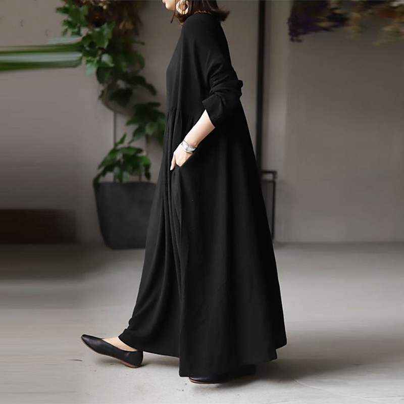 Robe en coton et lin Robe casual Femme Robe longue maxi Lin Bohème Décontractées robe hiver du quotidien Vacances Col Ras du Cou Patchwork manche longue Eté Printemps Automne lin Ample Noir Blanche de 2025 ? $32.99 –P3