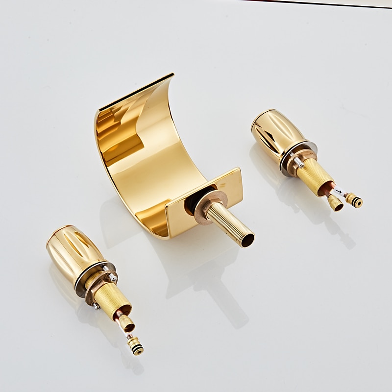 Widespread Bathroom Sink Mixer Faucet, Waterfall Arc Spout Brass 3 Hole 2 Handle Basin Tap Deck Mounted, Washroom Basin Vessel Water Tap with Hot and Cold Hose 2025 - $145.99 –P5