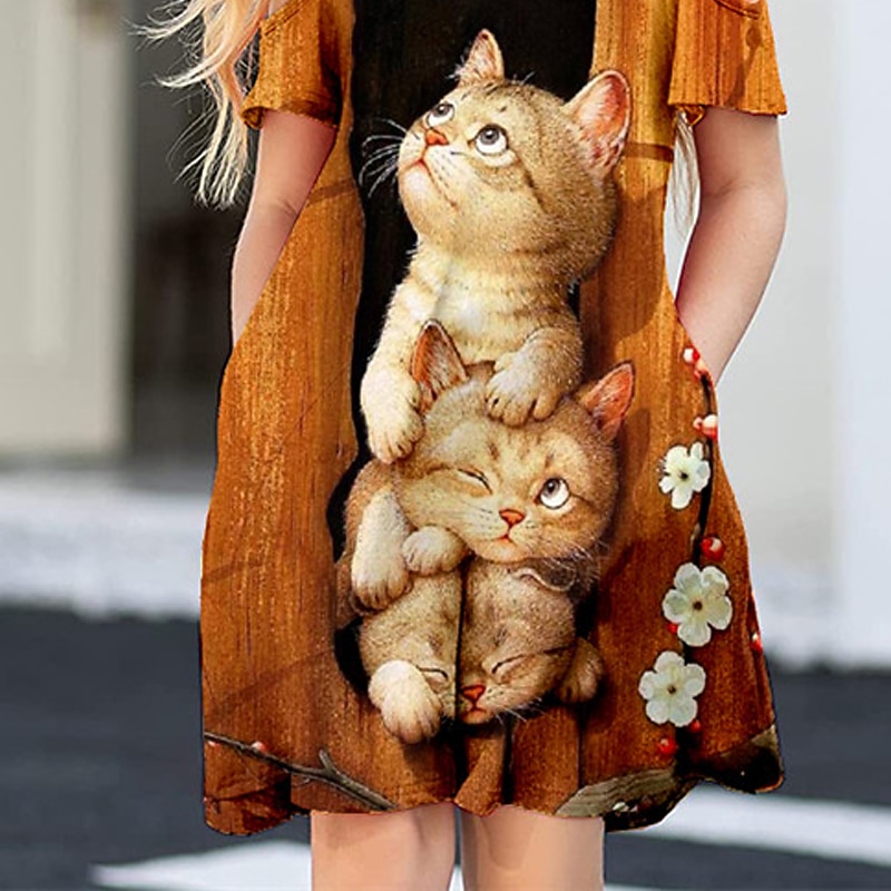 Tyttöjen 3D Eläin Kissa Mekko Lyhythihainen 3D-tulostus Kesä Kevät Loma Päivittäin Pyhäpäivä söpö tyyli Vapaa-aika Makea Lapset 3-12 vuotta A linjainen mekko Reisipituinen Normaali 2026 - $15.99 –P5