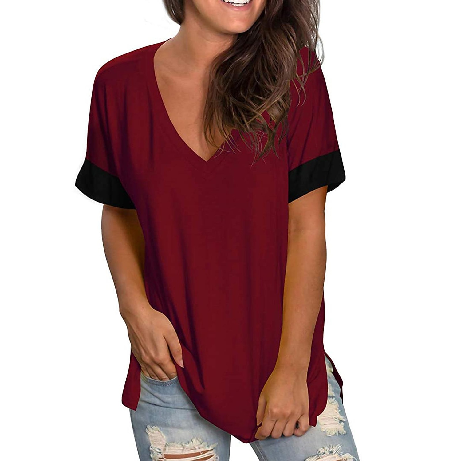primavera estate delle donne bottoming camicia tinta unita scollo a v a maniche corte cuciture pullover t-shirt donna del 2025 a $24.99 -P6