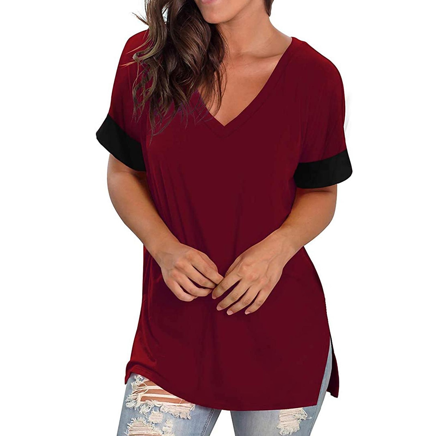 primavera estate delle donne bottoming camicia tinta unita scollo a v a maniche corte cuciture pullover t-shirt donna del 2025 a $24.99 -P3