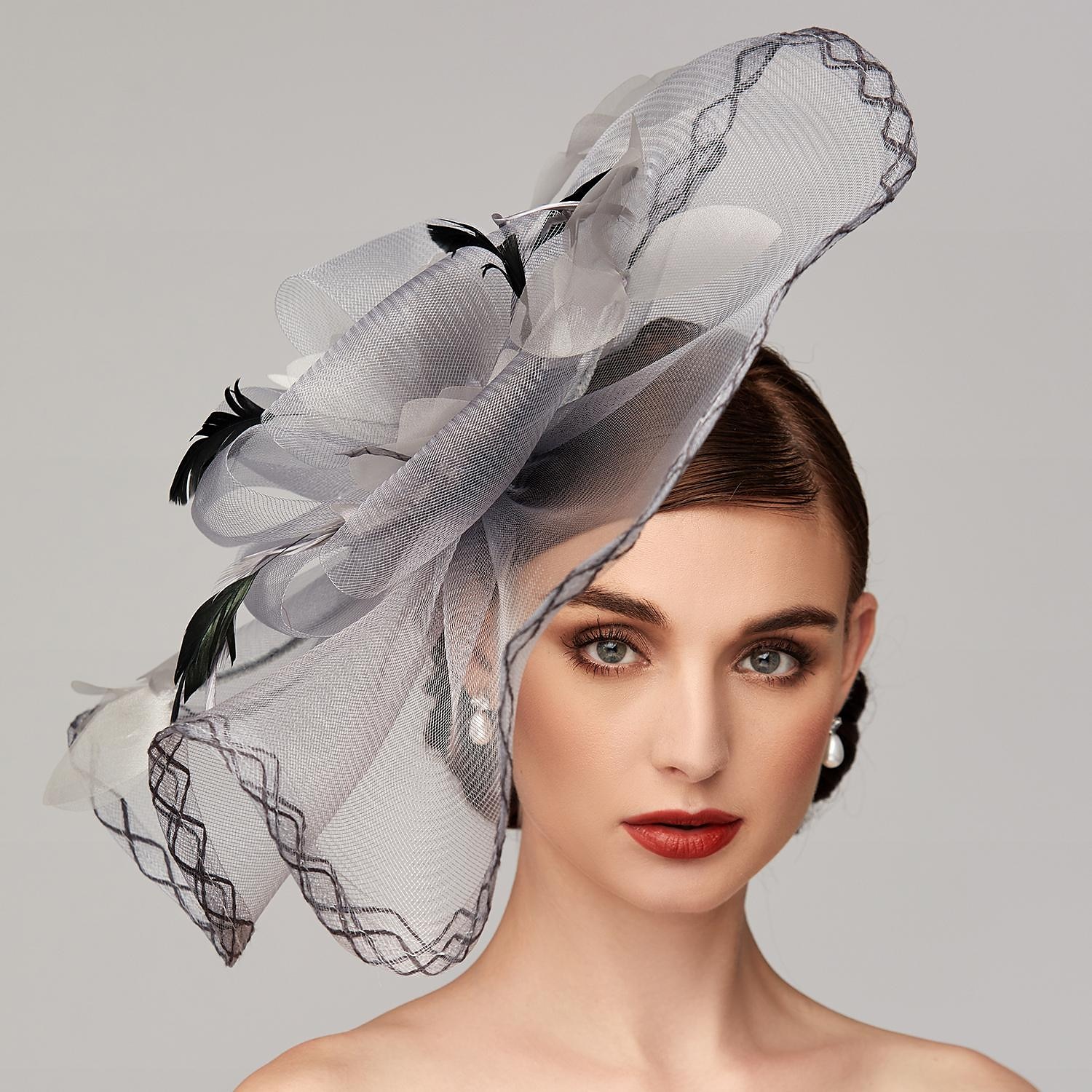 Flowers Feather Net Kentucky Derby Hat Fascinators Headpiece with Feather Floral 1PC Horse Race Ladies Day Melbourne Cup Headpiece 2024 - $19.49 –P2