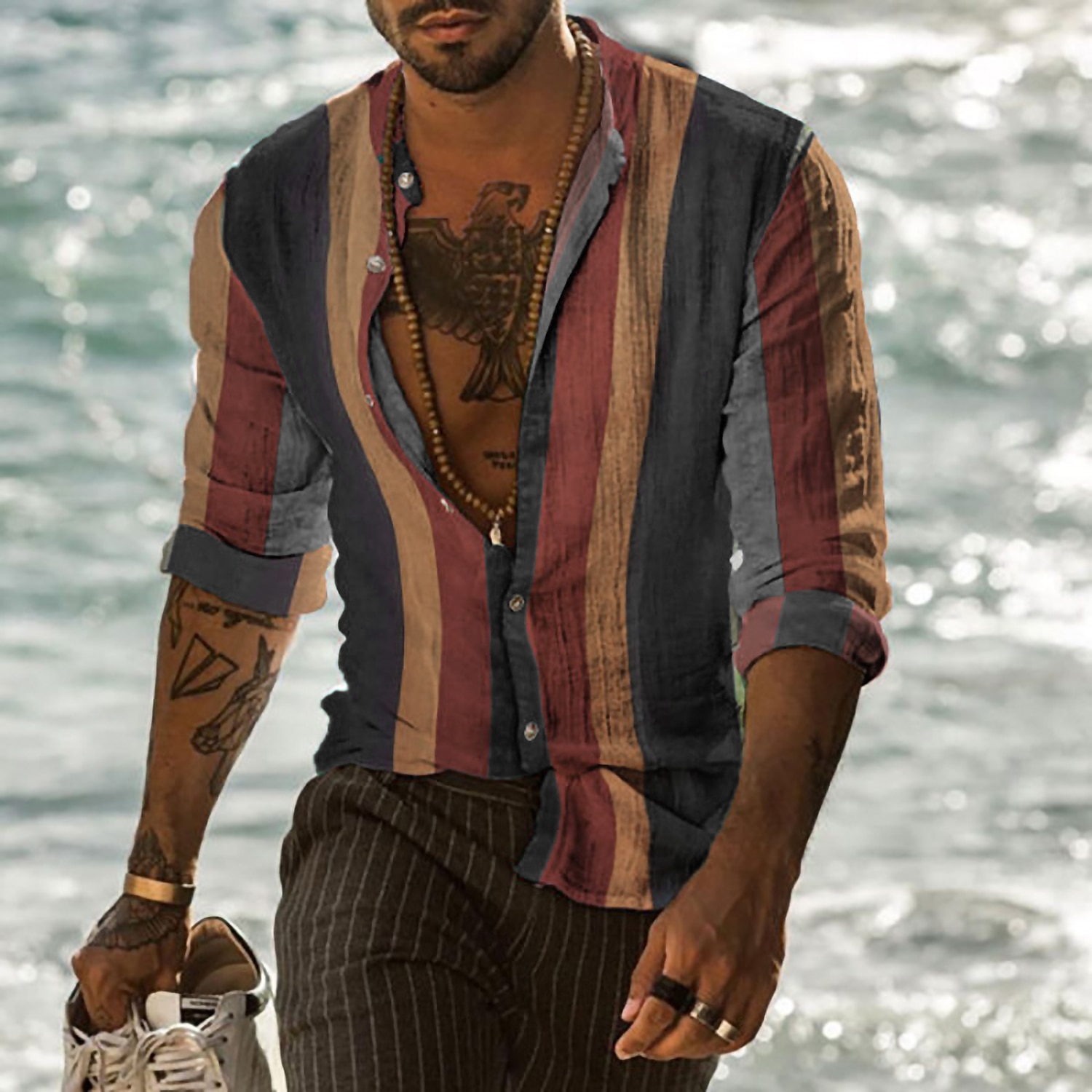 Homme Rayé Formes Géométriques Chemise Chemise boutonnée manche longue Mode Design Décontractées Extérieur du quotidien Automne Hiver Col Imprimer Bouton bas Vert Claire Rose Claire Rouge Violet Vert de 2025 ? $26.99 –P5