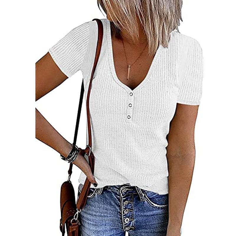 Women's Henley Shirt T shirt Tee Black White Pink Plain Button Short Sleeve Casual Daily Sexy Round Neck Regular S 2025 - $27.99 –P1