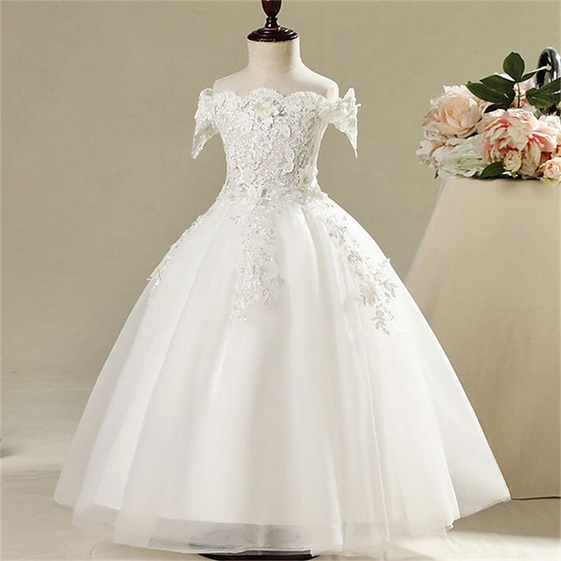Abito da damigella d'onore bambina Da ragazza Vestito Abito da principessa Vestito da festa Matrimonio Feste Pegeant Elegante Da principessa Dolce Retato Fiore decorativo Manica corta Senza spalline del 2025 a $86.99 –P6