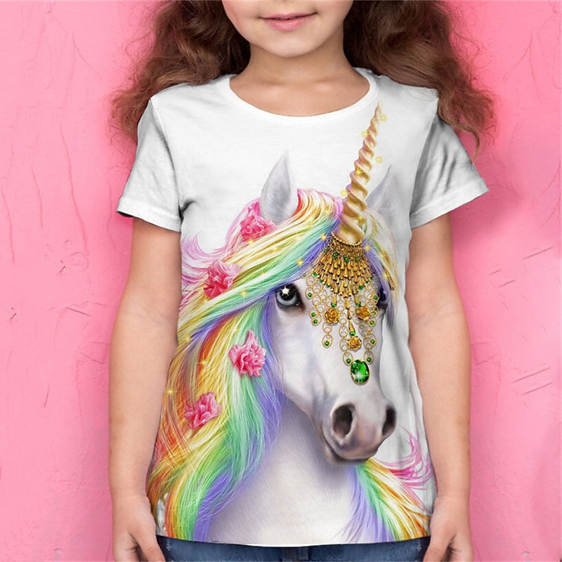 Mädchen 3D Tier Einhorn T-Shirt Kurzarm 3D-Druck Sommer Frühling Aktiv Modisch Kuschelig kinderkleidung 3-12 Jahre Outdoor Täglich Regular Fit 2026 - $11.99 –P1