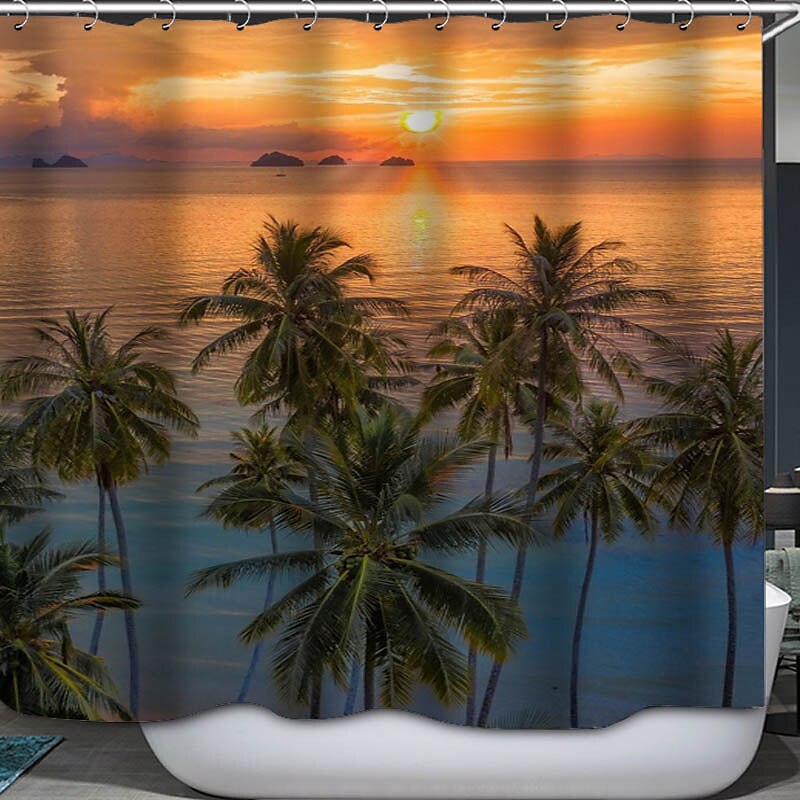 Shower Curtain with Hooks 180cm*180cm(70"*70") Polyester Washable Waterproof Sunrise Sunset Sea Seaside Coconut Tree Pattern 2025 - $27.99 –P18