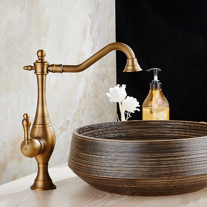 βρύση κουζίνας, ψηλό τόξο μονή λαβή με μία οπή περιστρεφόμενη τυπική ρετρό βρύση κουζίνας (αντίκες ορείχαλκος/ σφαίρα) 2026 - $153.99 –P7