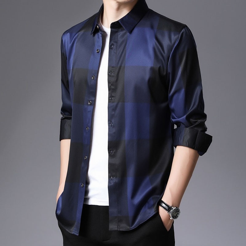 Hombre Camisa para Vestido Camisa sin planchar Camisa de cuello Abotonar la camisa Tartán Boda Exterior Rojo Azul Piscina Gris Manga Larga Cuello Vuelto Verano Primavera Ropa Abotonar 2026 - $27.99 –P9
