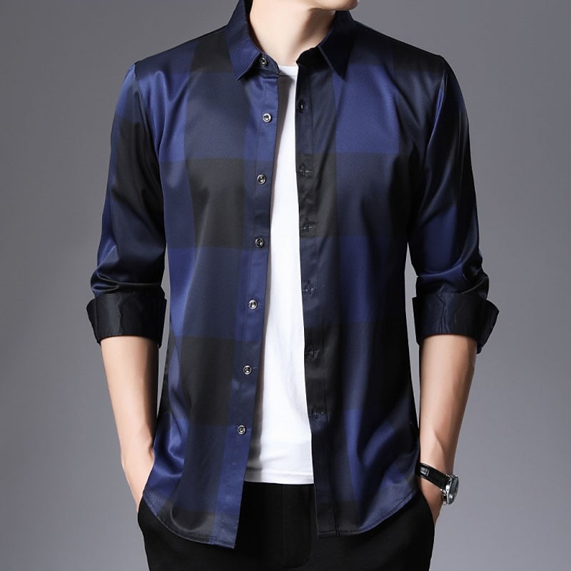 Hombre Camisa para Vestido Camisa sin planchar Camisa de cuello Abotonar la camisa Tartán Boda Exterior Rojo Azul Piscina Gris Manga Larga Cuello Vuelto Verano Primavera Ropa Abotonar 2026 - $27.99 –P8