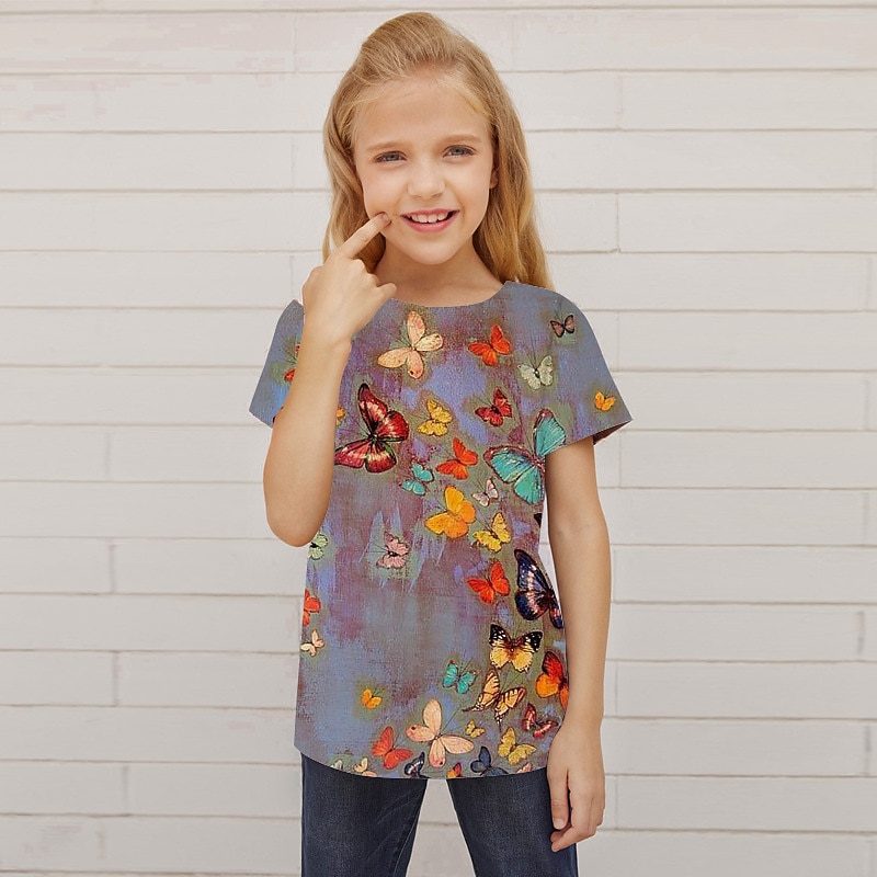 Fete 3D Animal Fluture Tricou Manșon scurt Tipărire 3D Vară Primăvară Activ Modă Drăguţ Copii 3-12 ani În aer liber Zilnic Interior Fit regulat 2026 - $11.99 –P6