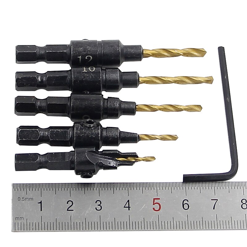 5 יחידות מקדחי hss 1/4 שוק משושה שקוע שקוע כלי טפח לעיבוד עץ חור פיילוט גודל #6 #8 #10 #12 #14 עם מפתח מפתח אחד 2025 - $11.99 –P3