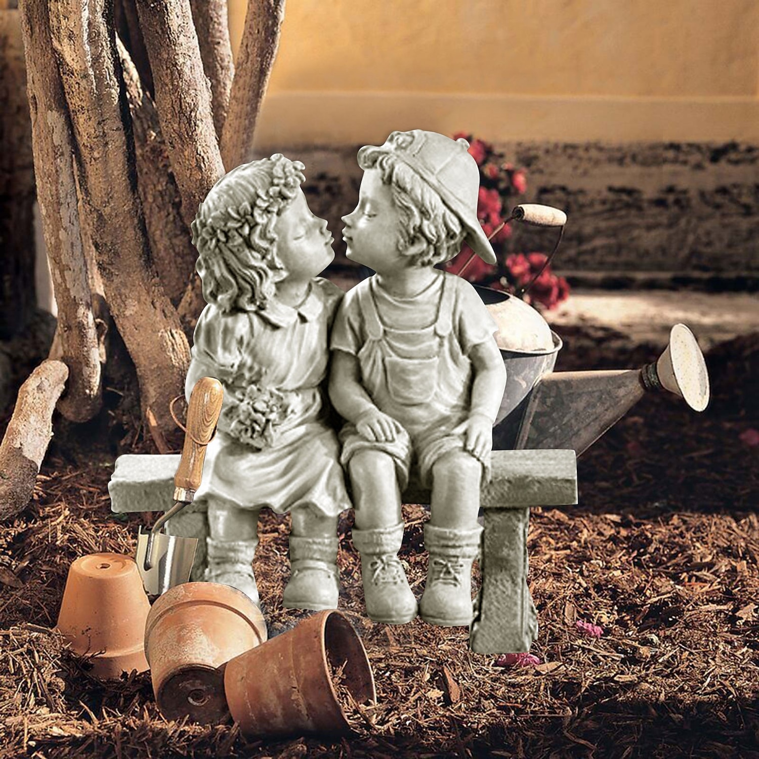 Primul sărut statuie de grădină din rășină cățeluș dragoste fetiță și băiețel sărut curte figurină în miniatură decorare grădină 2025 - $21.99 –P3
