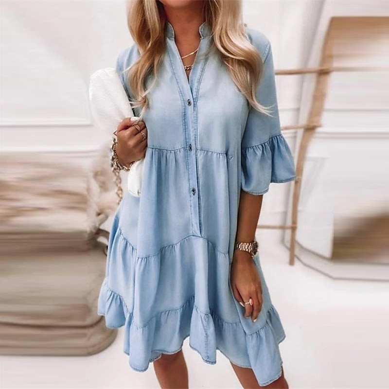 Dam Denimklänningar Vardagsklänning Denimskjorta klänning Midiklänning Denim Ledigt Utomhus Dagligen Semester Tröjkrage Knapp Halvlång ärm Sommar Vår 2023 Lös passning Ljusblå Ren färg S M L XL XXL 2025 - $41.99 –P1