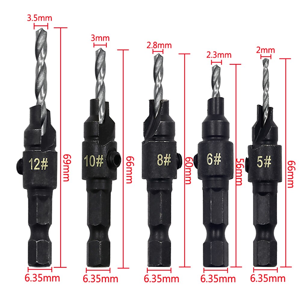 5 יחידות מקדחי hss 1/4 שוק משושה שקוע שקוע כלי טפח לעיבוד עץ חור פיילוט גודל #6 #8 #10 #12 #14 עם מפתח מפתח אחד 2025 - $11.99 –P9