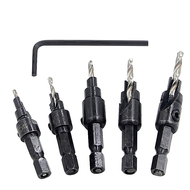5 יחידות מקדחי hss 1/4 שוק משושה שקוע שקוע כלי טפח לעיבוד עץ חור פיילוט גודל #6 #8 #10 #12 #14 עם מפתח מפתח אחד 2025 - $11.99 –P6