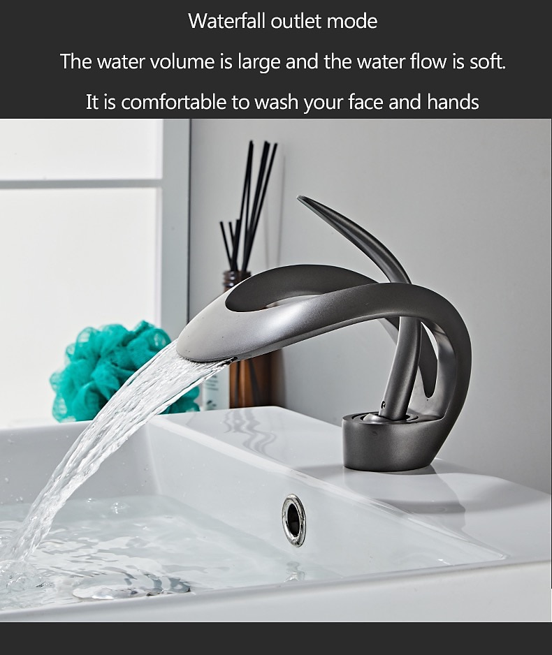 rubinetto miscelatore per lavabo nero con bocca a cascata, rubinetti per lavabo in ottone maniglia singola rubinetto per bagno con vasca monoforo con interruttore caldo e freddo cromo grigio dorato del 2025 a $161.99 –P6