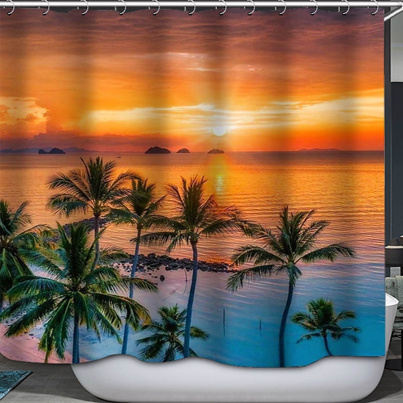 Shower Curtain with Hooks 180cm*180cm(70"*70") Polyester Washable Waterproof Sunrise Sunset Sea Seaside Coconut Tree Pattern 2025 - $27.99 –P17