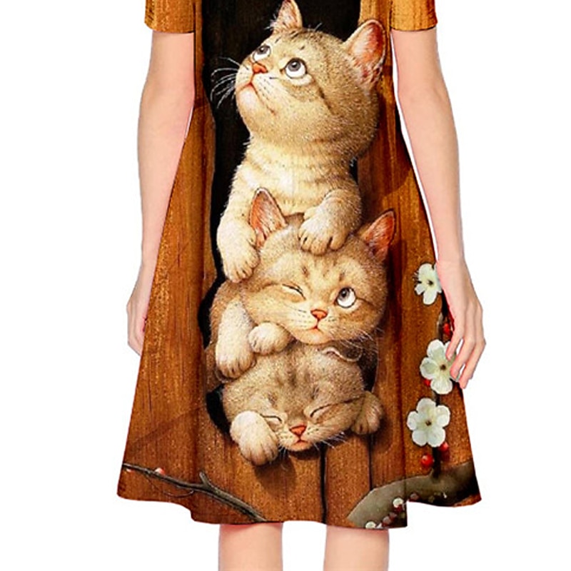 Tyttöjen 3D Eläin Kissa Mekko Lyhythihainen 3D-tulostus Kesä Kevät Loma Päivittäin Pyhäpäivä söpö tyyli Vapaa-aika Makea Lapset 3-12 vuotta A linjainen mekko Reisipituinen Normaali 2026 - $15.99 –P4