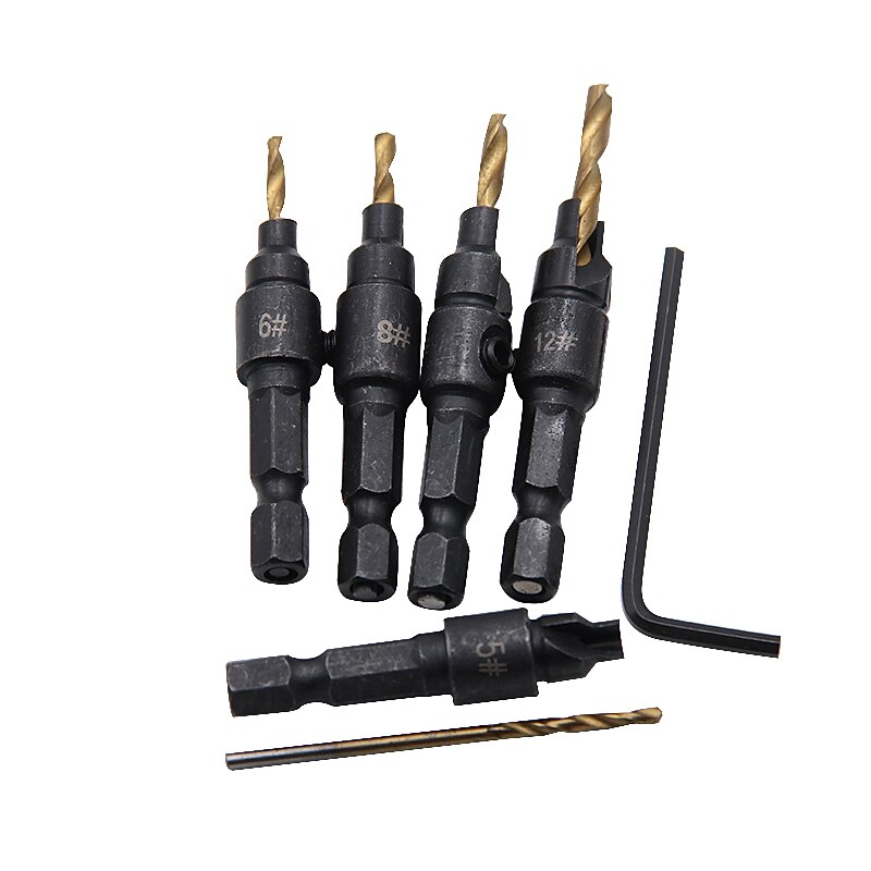 5 יחידות מקדחי hss 1/4 שוק משושה שקוע שקוע כלי טפח לעיבוד עץ חור פיילוט גודל #6 #8 #10 #12 #14 עם מפתח מפתח אחד 2025 - $11.99 –P2