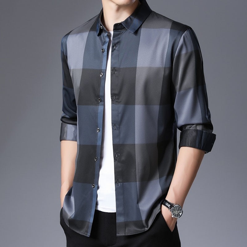 Hombre Camisa para Vestido Camisa sin planchar Camisa de cuello Abotonar la camisa Tartán Boda Exterior Rojo Azul Piscina Gris Manga Larga Cuello Vuelto Verano Primavera Ropa Abotonar 2026 - $27.99 –P2
