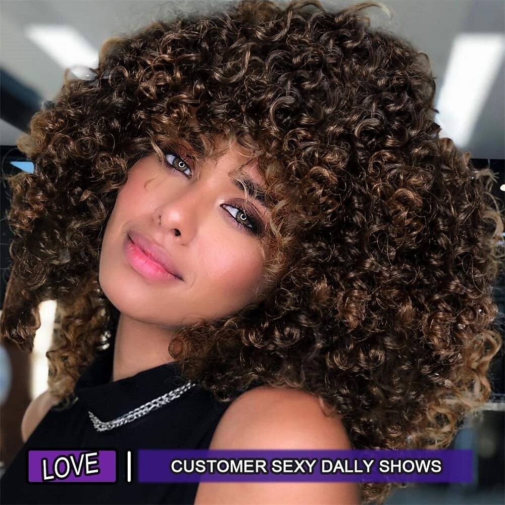 gekrulde pruiken voor zwarte vrouwen - kinky afro krullende pruik met pony 2 toon blond gemengd bruin kleur synthetisch hittebestendig volledige pruiken kerstfeestpruiken 2025 - $21.99 –P2