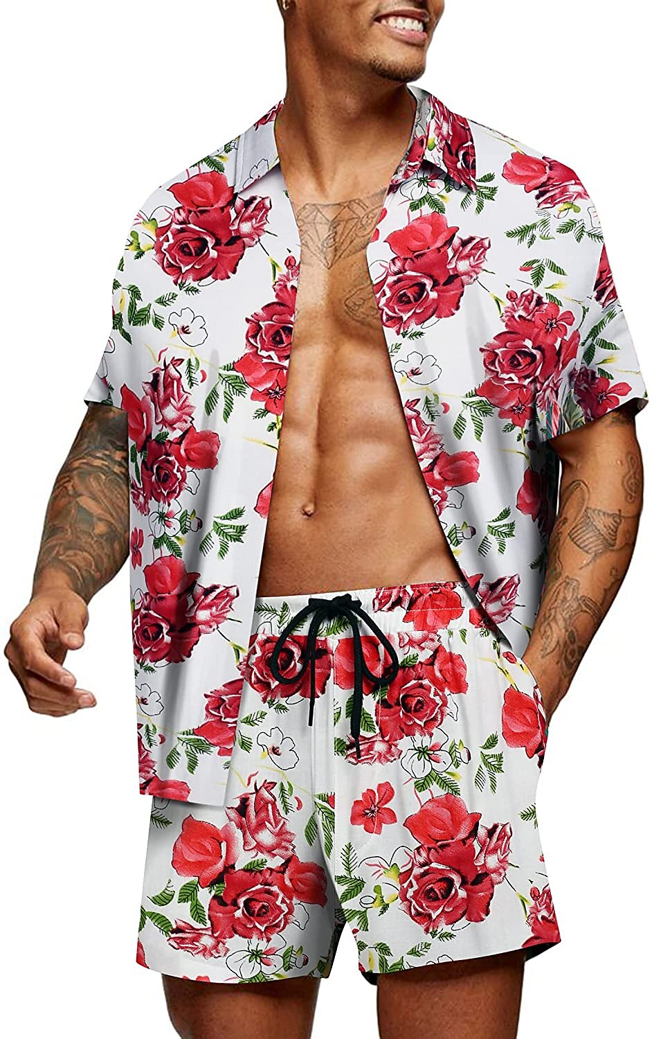 Men's Floral Graphic Tropical Flowers 2pcs Shirts Sets Summer Hawaiian Shirt Short Sleeve Short Pants Turndown Designer Beach Vacation Casual Daily 3D Summer Silver Red / White Green / Black 2025 - $34.99 –P4