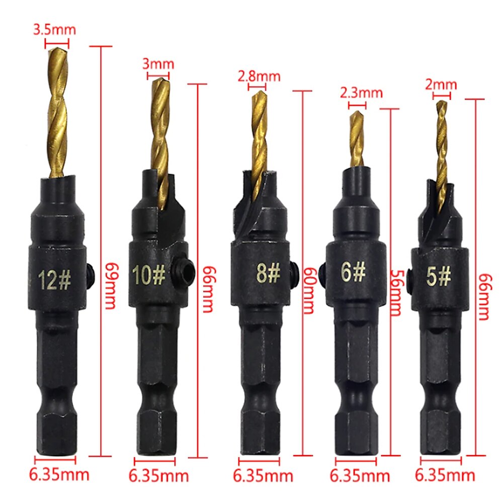 5 יחידות מקדחי hss 1/4 שוק משושה שקוע שקוע כלי טפח לעיבוד עץ חור פיילוט גודל #6 #8 #10 #12 #14 עם מפתח מפתח אחד 2025 - $11.99 –P5