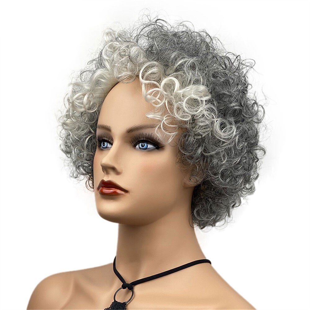 Le parrucche da donna nere ricci corte miste crema grigio scuro riscaldano i capelli naturali lisci e amichevoli del 2025 a $29.99 –P3